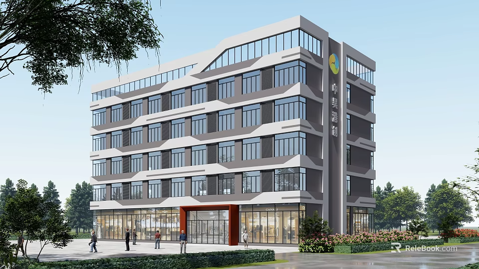 Modern Industrial Factory Building With Multi Storey Glass Windows And Red Entrance Landscaping 3d model 