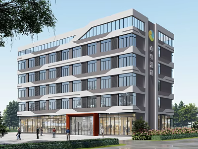Modern Industrial Factory Building With Multi Storey Glass Windows And Red Entrance Landscaping 3d model