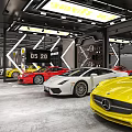 Automotive Showroom Interior With Luxury Cars Reception Desk And Tires