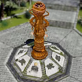 Golden Columnar Landscape Sculpture Surrounded by Pine Trees Blue Sky and Stone Steps