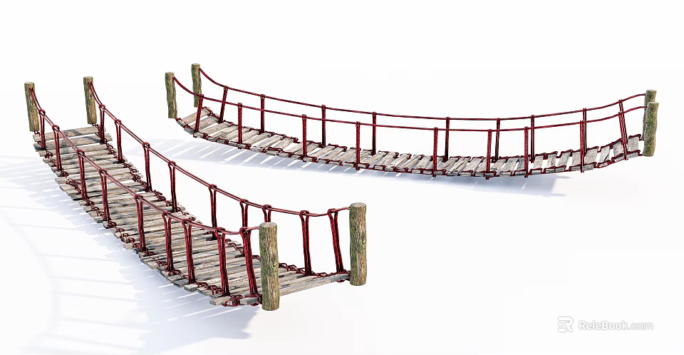 Wooden Landscape Bridge With Curved Design And Rope Railings On Wooden Pillars 3d model 