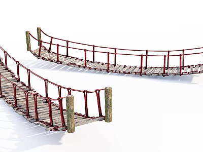Wooden Landscape Bridge With Curved Design And Rope Railings On Wooden Pillars 3d model