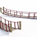 Wooden Landscape Bridge With Curved Design And Rope Railings On Wooden Pillars