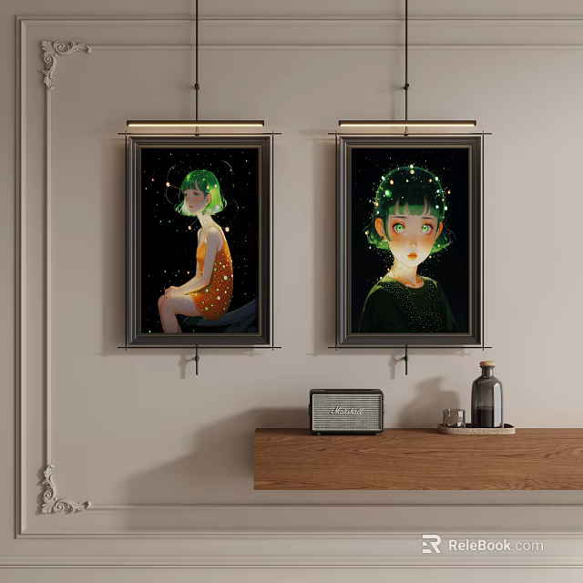 Two Abstract Paintings Featuring Green Haired Female Figures In Different Outfits Hanging On Indoor Wall 3d model 