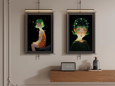 Two Abstract Paintings Featuring Green Haired Female Figures In Different Outfits Hanging On Indoor Wall 3d model