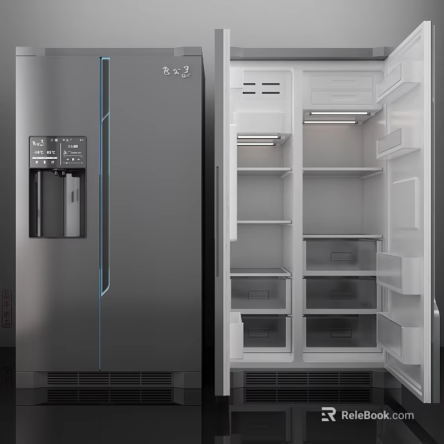 Stainless Steel Double Door Refrigerator With Digital Display Water Dispenser And Spacious Interior Shelves Drawers 3d model 
