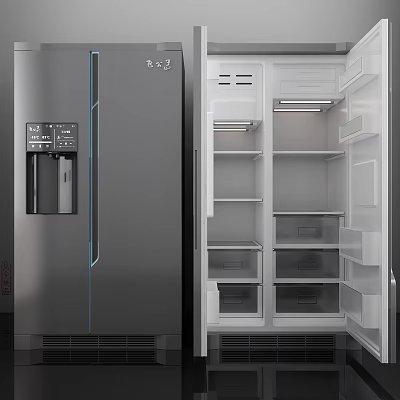 Stainless Steel Double Door Refrigerator With Digital Display Water Dispenser And Spacious Interior Shelves Drawers 3d model