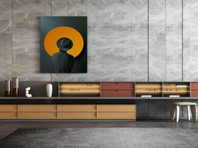 Modern TV Stand With Brown Beige Red Drawers Open Shelves And Marble Wall Artwork Decor 3d model