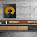Modern TV Stand With Brown Beige Red Drawers Open Shelves And Marble Wall Artwork Decor