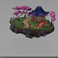 Traditional Pavilion on Floating Island with Blue Roof Pink Trees Red Bridge and Green Grass