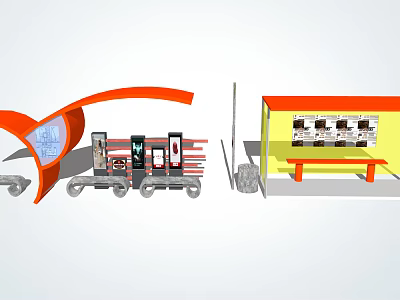 Modern Station Design With Red Structure Platform Bench And Information 3d model