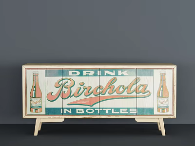 Vintage Wooden Console Cabinet For Entryway With Birchola Drink Graphics And Bottle Design 3d model