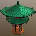 Traditional Pagoda Architecture With Green Tiered Roof Hanging Bells And Red Pillars Lattice Design