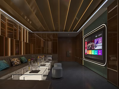 Modern KTV Interior Design With Large Screen Comfortable Sofa Seating And Ambient Lighting 3d model
