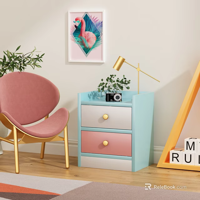 Blue Bedside Table With Pink White Drawers Gold Knobs Lamp Plant And Camera 3d model