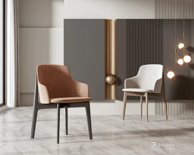 Stylish Modern Leisure Chairs In Contemporary Interior With Brown And White Upholstery And Pendant Lights 3d model 