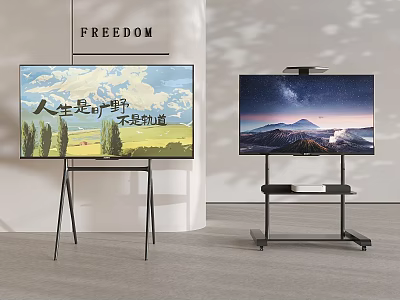 Modern TVs On Black Stands Displaying Nature Scenes And Starry Mountain Views 3d model
