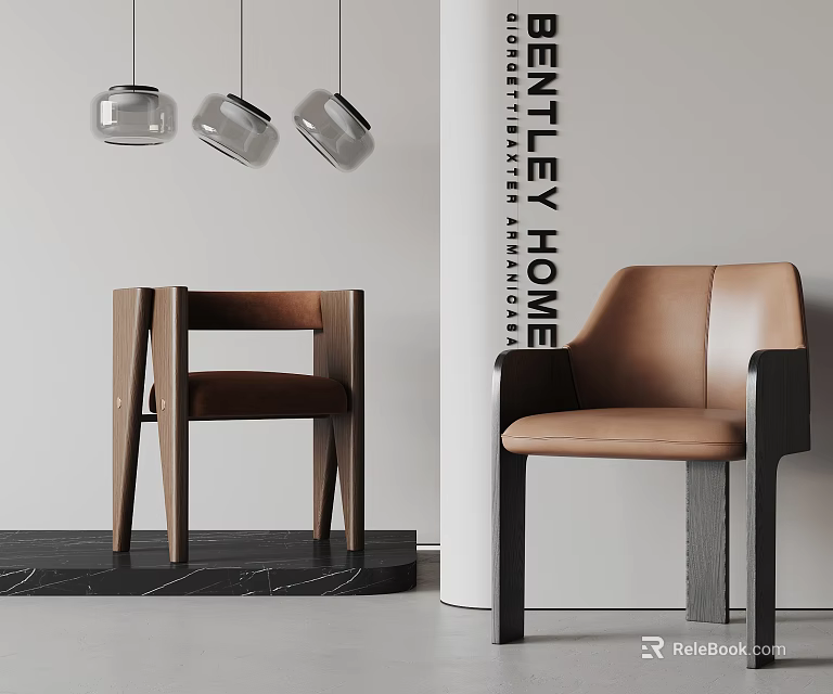 Modern Bentley Home Leisure Chair In Brown Leather With Wood Frame And Pendant Lights 3d model 