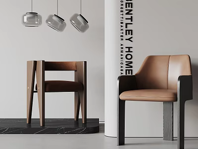 Modern Bentley Home Leisure Chair In Brown Leather With Wood Frame And Pendant Lights 3d model