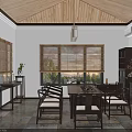 Traditional Chinese Teahouse Interior With Wooden Ceiling Lanterns Tea Shelves And Bamboo Blinds