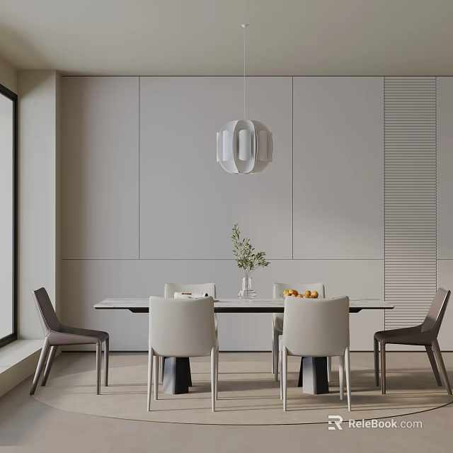 Minimalist Dining Table Set With Mixed Chairs Pendant Light Vase And Fruits 3d model 