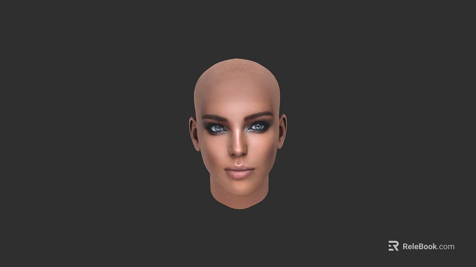 Woman With Bald Head 3D Model On Dark Background Featuring Detailed Makeup And Blue Eyes 3d model 