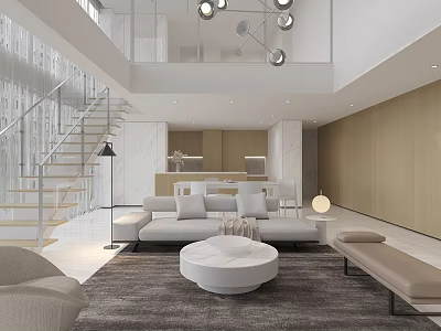 Modern Apartment Living Area With Sofa Round Coffee Table And Stairs 3d model