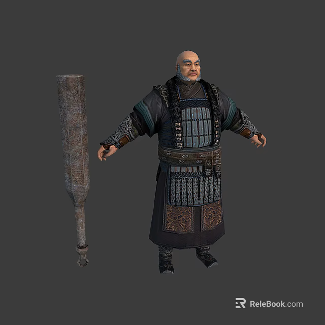 Ancient Warrior In Traditional Plate Armor With Long Handled Weapon And Decorative Patterns 3d model