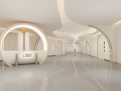 Modern Reception Area With White Curved Desk Streamlined Ceiling Lights And Reflective Floor 3d model