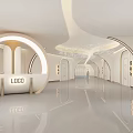 Modern Reception Area With White Curved Desk Streamlined Ceiling Lights And Reflective Floor 3d model