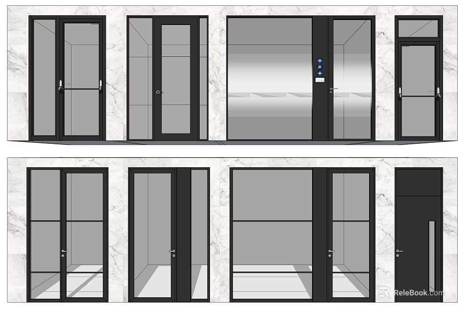 Various Modern Glass Door Designs With Black Frames And Marble Backgrounds 3d model
