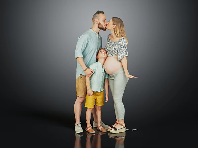 Happy Family With Pregnant Mother Father And Child In Studio Portrait 3d model