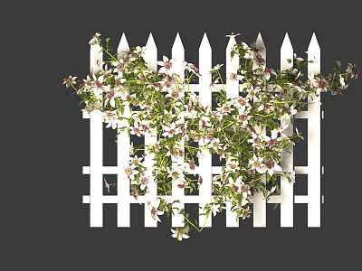 Lush Blooming Vines Growing on White Picket Fence with Pink Flowers 3d model