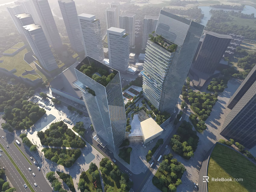 Modern High Rise Office Building with Greenery and Urban Landscape Surroundings 3d model 