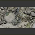 Cartoon Scene With Rocky Beach Small Cottage Green Foliage And Calm Water