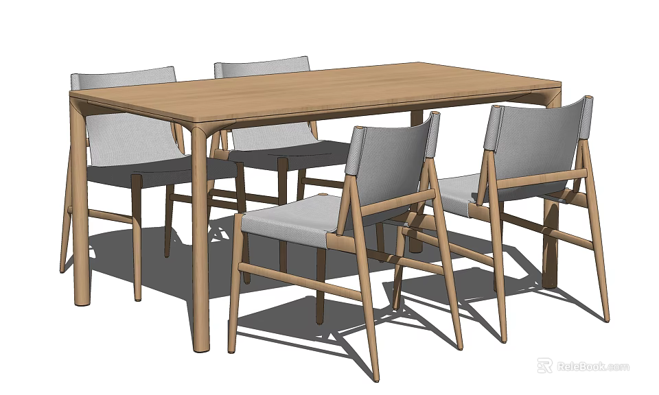 Modern Wooden Rectangular Dining Table Set With Four Gray Upholstered Chairs 3d model