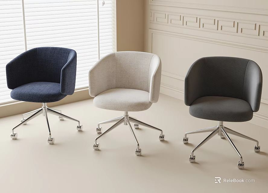 Modern Office Chairs Three Colors Navy Light Dark Grey Curved Backrests Metal Bases with Wheels 3d model 