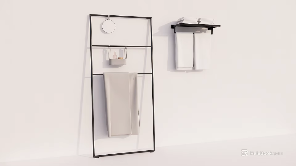 Modern Bathroom Storage Rack With Black Frame Round Mirror And Hanging Towels 3d model 