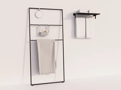 Modern Bathroom Storage Rack With Black Frame Round Mirror And Hanging Towels 3d model