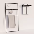 Modern Bathroom Storage Rack With Black Frame Round Mirror And Hanging Towels
