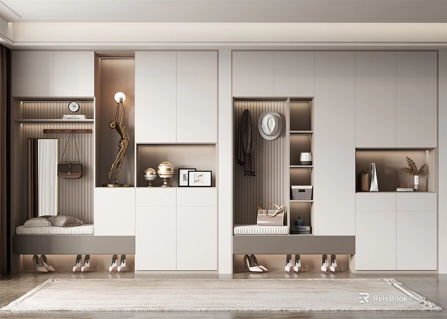 Modern Shoe Cabinet With Storage Bench Mirror And Decorative Elements 3d model