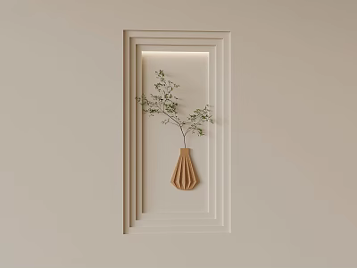 Beige Wall Decor With White Multi Layer Framed Recessed Area Wooden Vase And Green Twigs 3d model