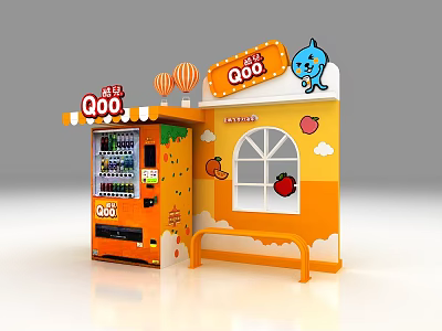 Qoo Themed Kiosk With Vending Machine Window Bench And Fruit Decorations 3d model