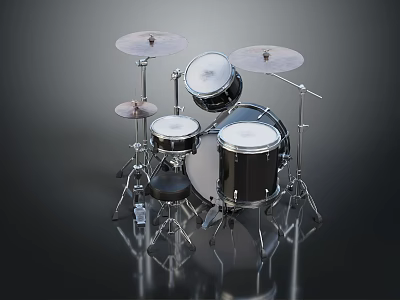 Modern Drum Set With Metal Stands Drums And Chrome Cymbals 3d model