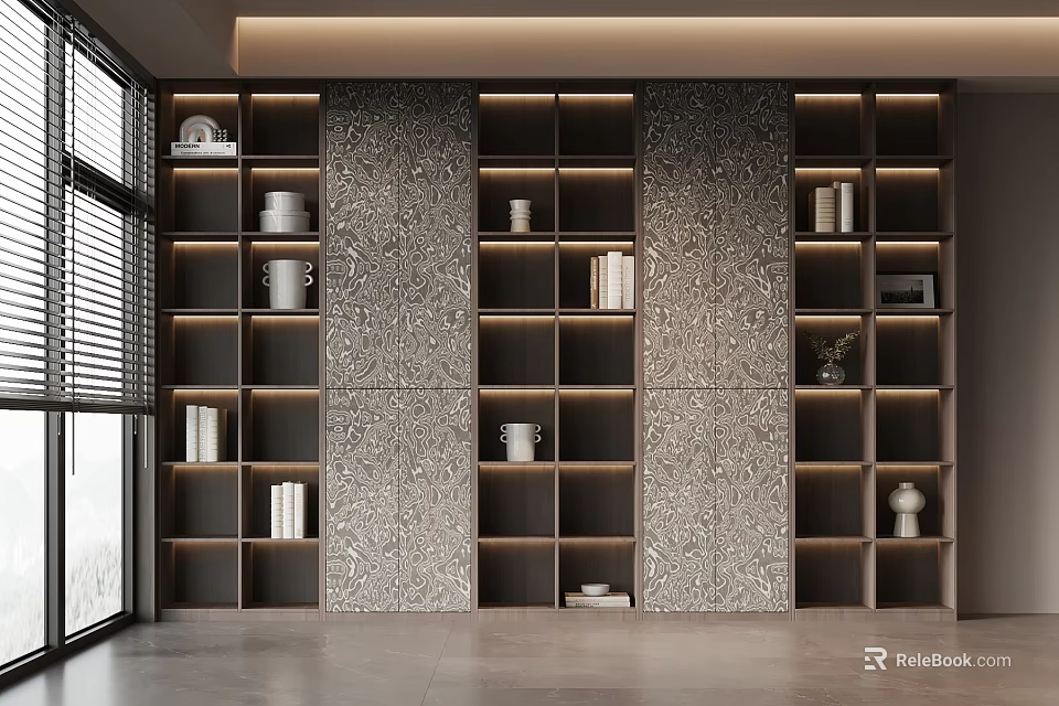 Modern Bookcase Interior Design With Multiple Compartments Books And Decorative Items 3d model 