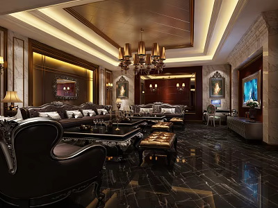 Luxury KTV Lounge Elegant Interior With Sofas Chandelier Marble Floor And TV 3d model