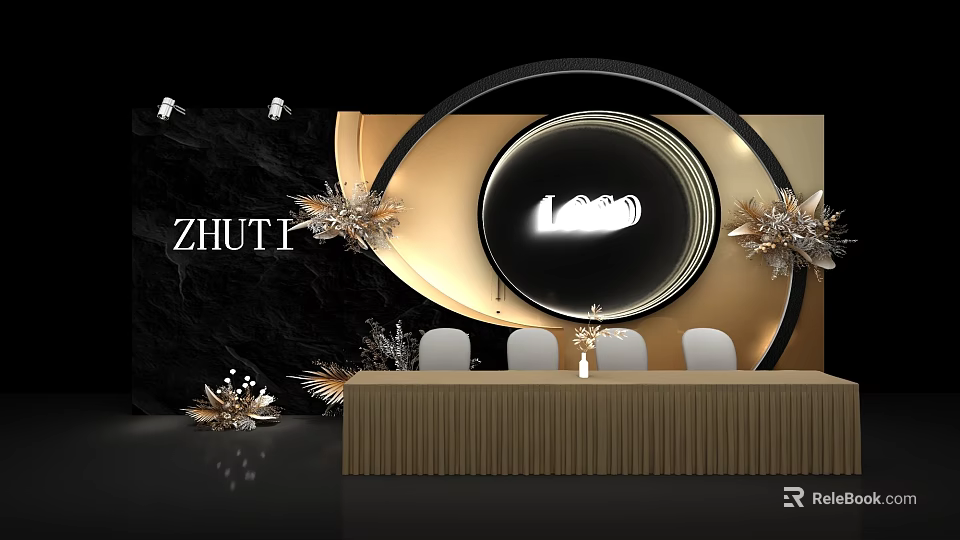 Stylish Photo Check In Spot with Black Background Golden Decorations Circular White Chairs Floral Ornaments 3d model 