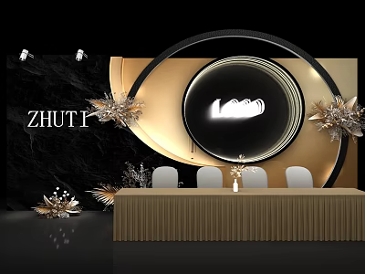 Stylish Photo Check In Spot with Black Background Golden Decorations Circular White Chairs Floral Ornaments 3d model