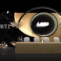 Stylish Photo Check In Spot with Black Background Golden Decorations Circular White Chairs Floral Ornaments