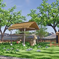 Rural Countryside Scenery With Stone Path Wooden Fences And Thatched Pavilions